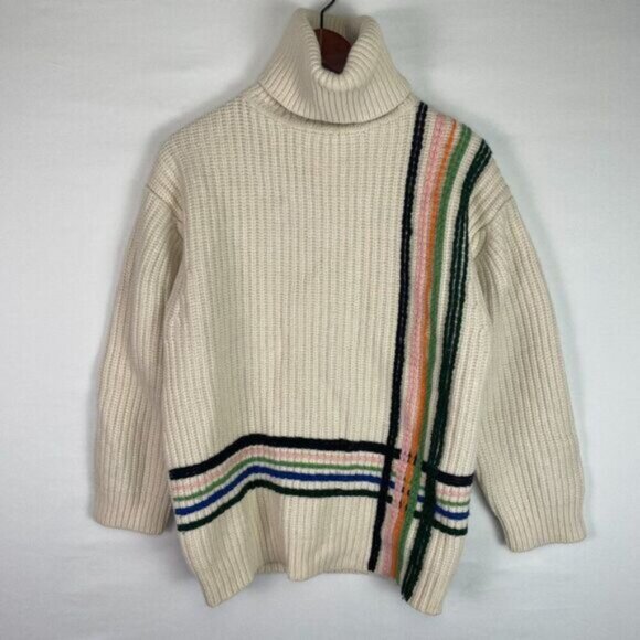 Tory Sport Merino Wool Striped Long Sleeve Turtleneck Chunky Knit Sweater Cream - Picture 3 of 9
